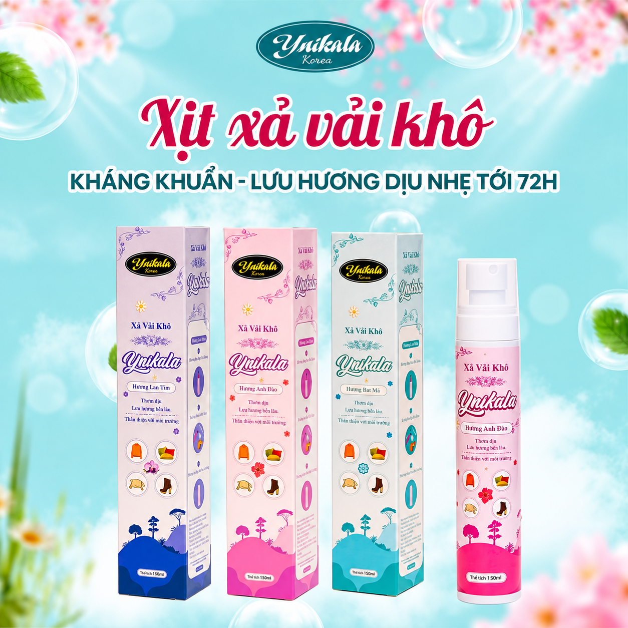Xịt xả vải khô Ynikala 3 mùi hương, một lần xịt, ngát hương cả tuần